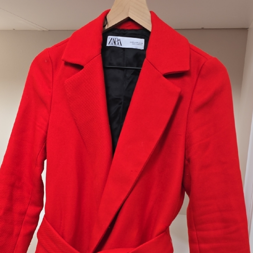 Zara Red Belted Trench Coat with Notch Lapel - Picture 8 of 9